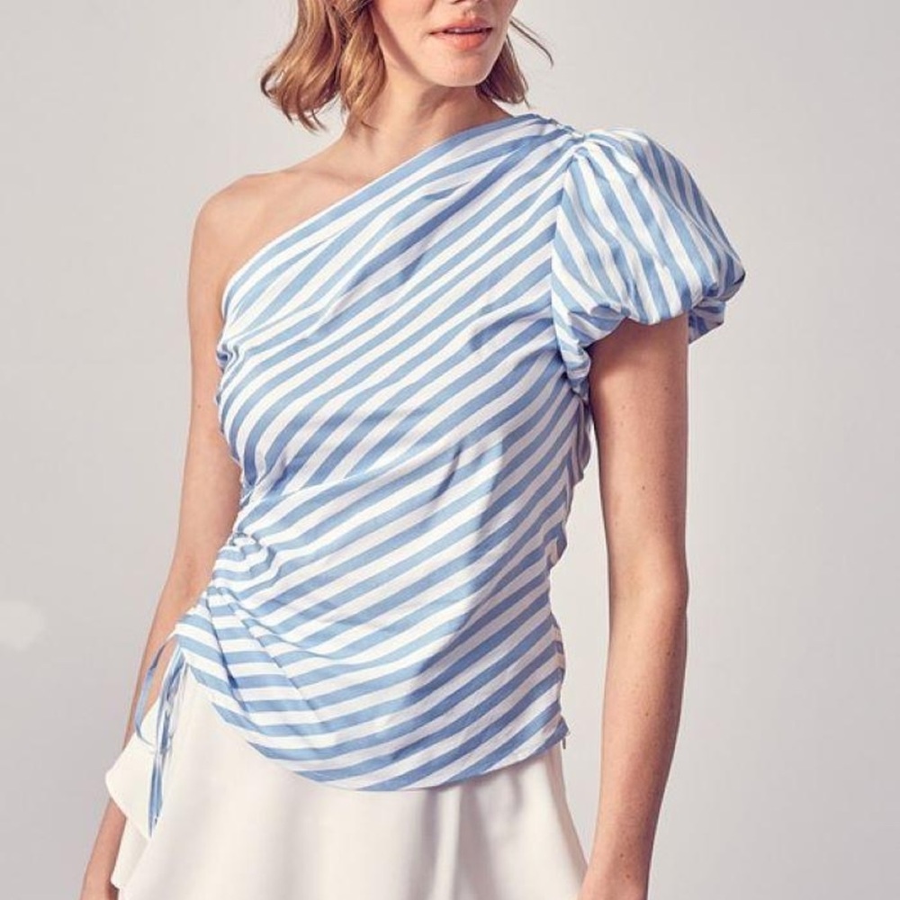 ONE SHOULDER SIDE RUCHED blue and white striped top